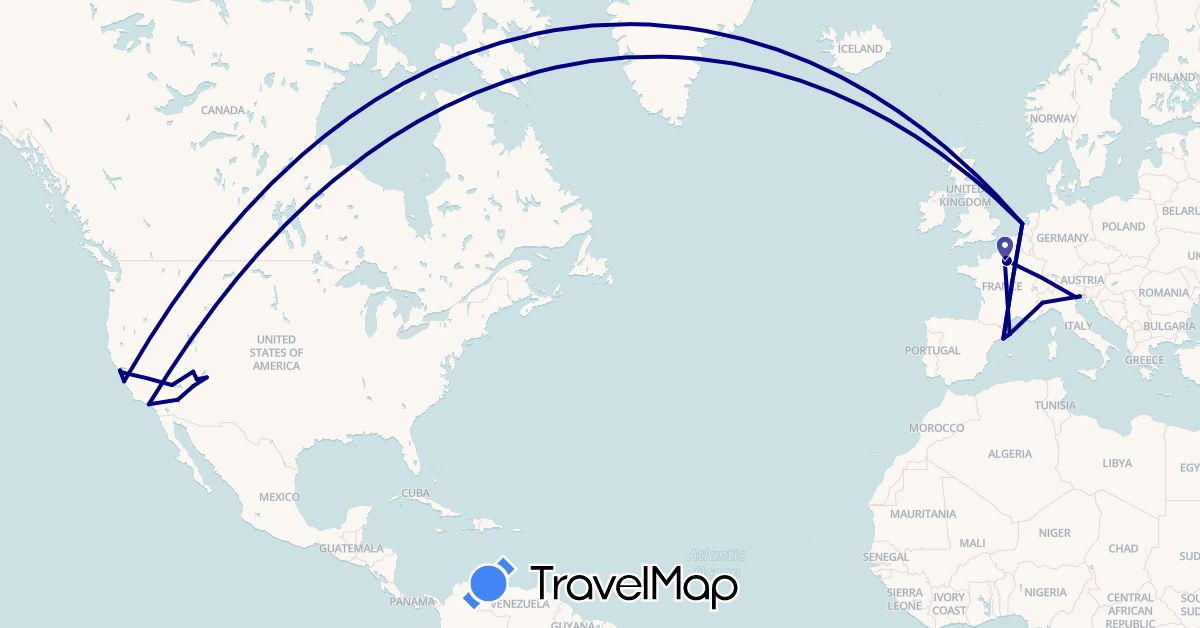 TravelMap itinerary: driving in Spain, France, Italy, Netherlands, United States (Europe, North America)